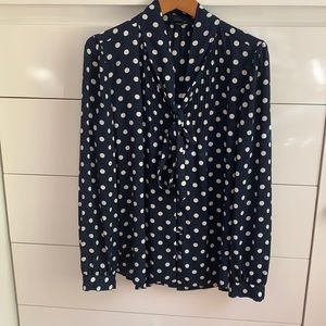 Navy polka dot J.Crew blouse with tie.